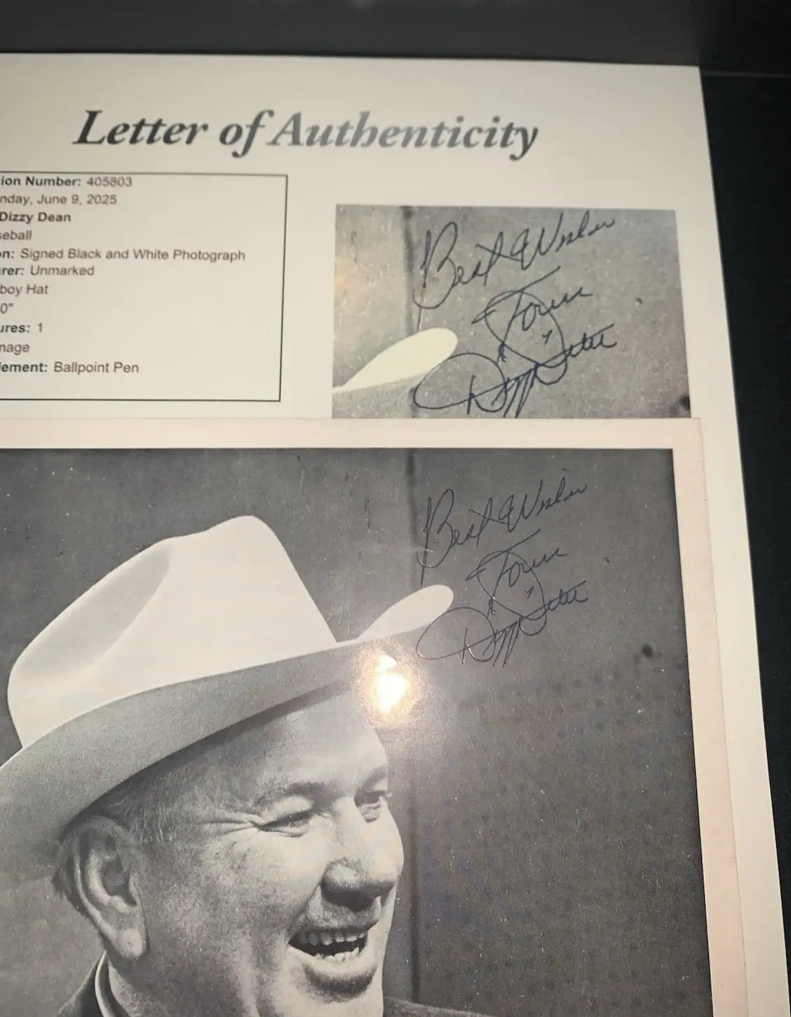 Dizzy Dean Autographed 8x10 Photo St Louis Cardinals Baseball HOFer JSA Letter - Sports Memorabilia