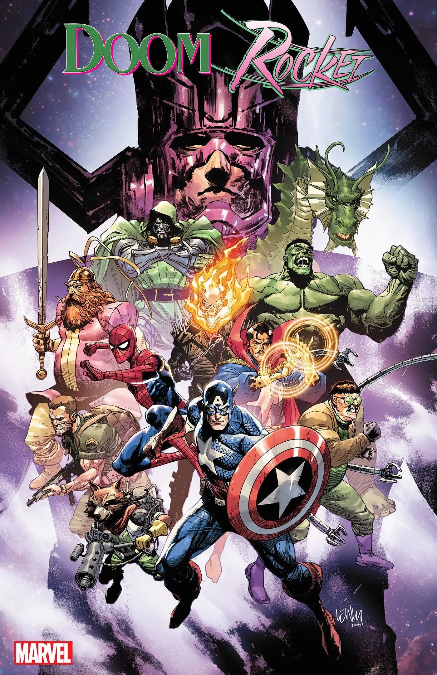 Comic book cover of Doctor Doom & Rocket Raccoon battling Galactus with cosmic energy