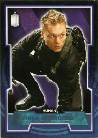 Man in a black outfit crouching in action pose on Doctor Who Blue Foil Parallel Card