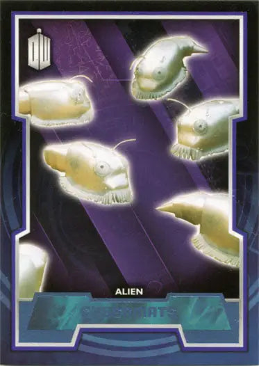 Glowing ghostly alien skulls on purple, featured in Doctor Who Blue Foil Parallel Card