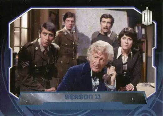 Group portrait of five in uniforms with older man in blue jacket, Blue Foil Parallel Card