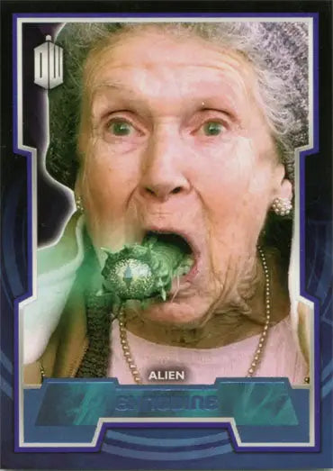 Elderly woman with gray hair exhaling green mist on Doctor Who Blue Foil Parallel Card