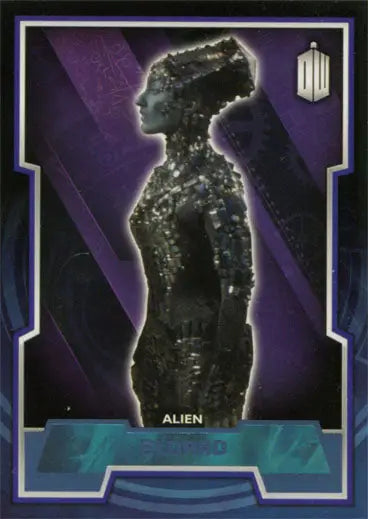 Silhouette of a humanoid alien in blue foil on purple for Doctor Who Parallel Card