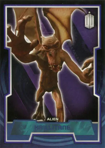 Menacing brown alien creature with elongated limbs on Doctor Who Blue Foil Parallel Card