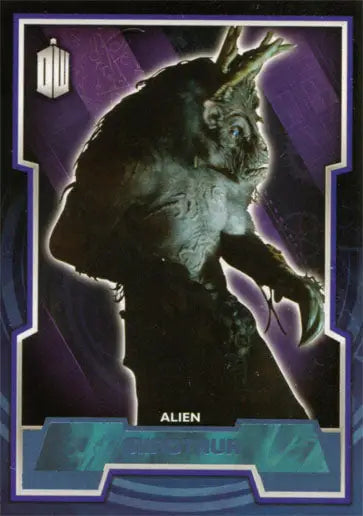 Menacing alien with sharp teeth on Doctor Who Blue Foil Parallel Card against purple backdrop