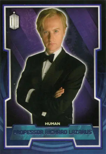 Trading card of a man in a black tuxedo on a purple foil background