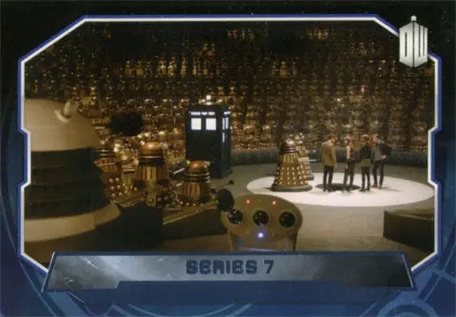 Blue police box encircled by golden robotic creatures on a Purple Foil Parallel Card