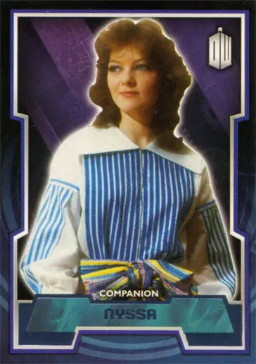 Portrait of a woman in a striped outfit on a Doctor Who Purple Foil Parallel Card