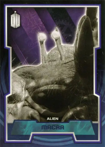 Alien creature with elongated head and glowing eyes on Doctor Who Purple Foil Parallel Card
