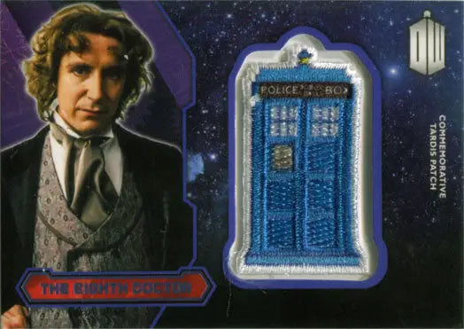 Blue TARDIS patch with white trim and purple foil, part of Doctor Who collectible series