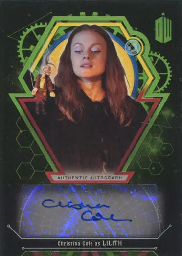 Autographed trading card of Christina Cole in hexagonal frame with Doctor Who designs