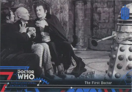 Black and white Doctor Who image with characters and Dalek on a blue parallel chase card