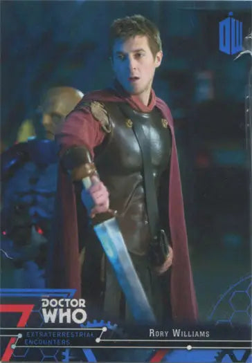 Young man in Roman armor with sword featured on Doctor Who Blue Parallel Chase Card