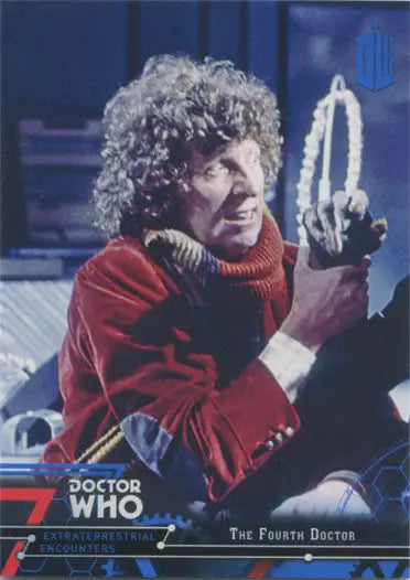 Person with curly hair in red coat holding cylindrical object for Blue Parallel Chase Card