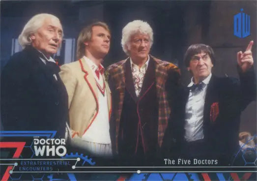 Four men in costumes as Doctor Who characters from a Blue Parallel Chase card