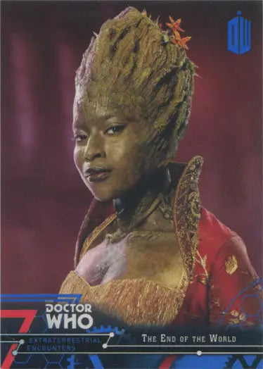 Alien-like character with tree hair and golden skin in Doctor Who Blue Parallel Chase Card