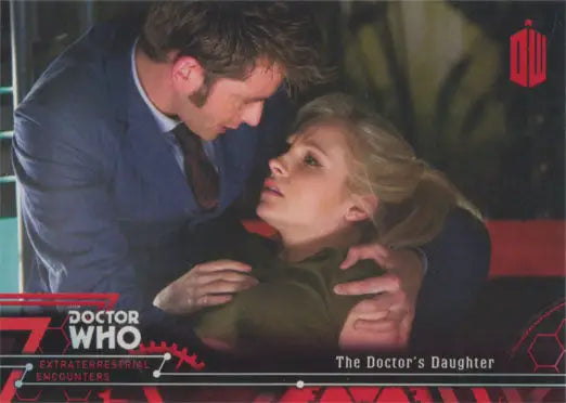 Two people in an intimate embrace featured on a Doctor Who Red Parallel Chase Card
