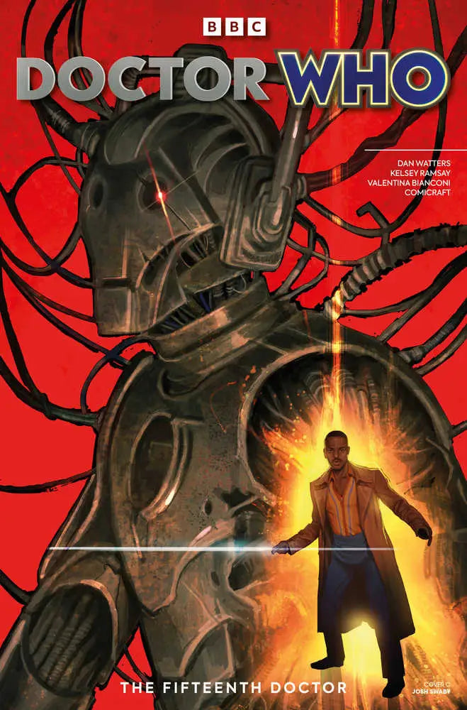 Cyberman towers over silhouetted figure on Doctor Who Fifteenth Doctor trading card poster