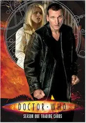 Promotional poster for Doctor Who featuring main characters on a Doctor Who promo card