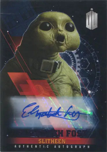 Green alien creature with large black eyes on Doctor Who Elizabeth Fost autograph card