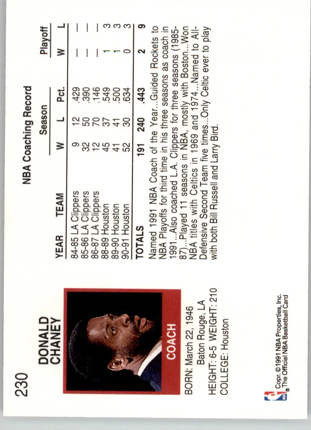 Don Chaney - 1991-92 Hoops - #230 - Basketball - Basketball Card Single