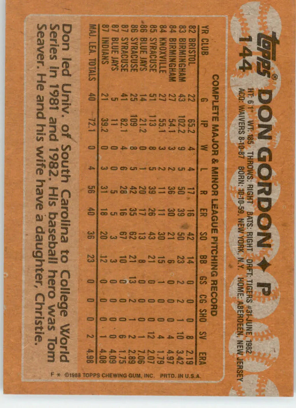 Don Gordon - 1988 Topps - #144 - RC Baseball - Baseball Card Single
