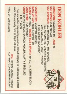 Don Kohler - 1990 Checkered Flag IHRA - #76 - Racing - Racing Card Single
