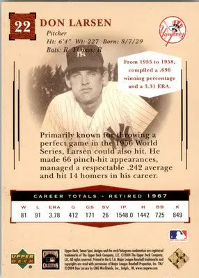 Don Larsen - 2004 Upper Deck Sweet Spot Classic - #22 - Baseball - Baseball Card Single