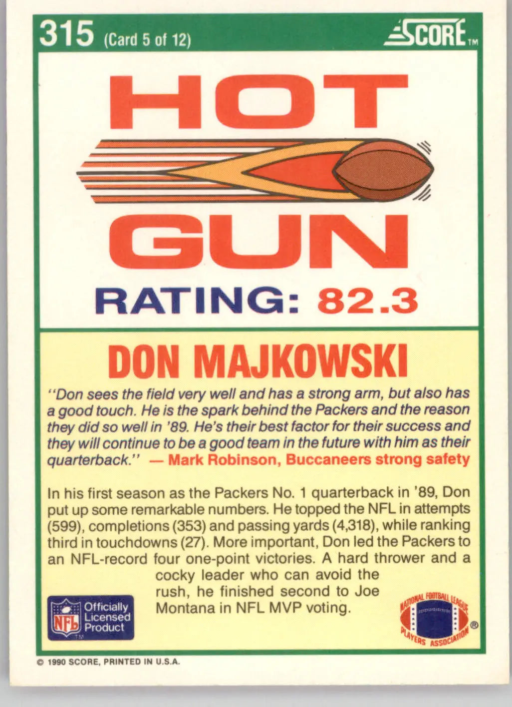 Don Majkowski - 1990 Score - #315 - Football