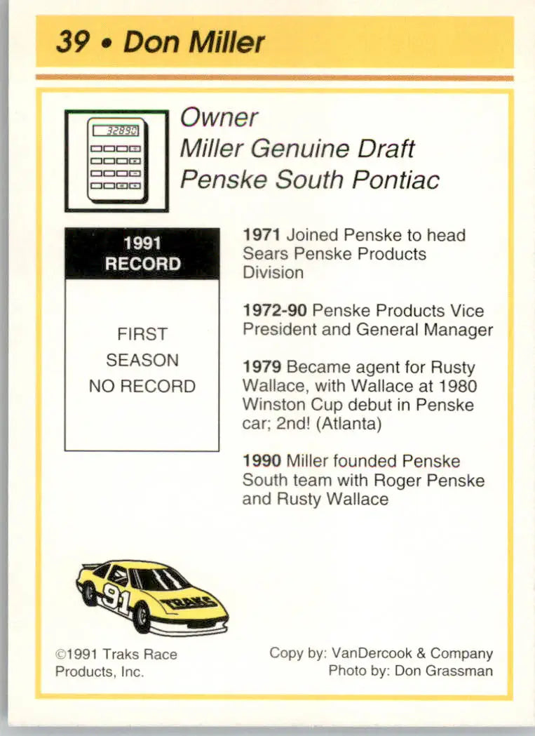 Don Miller - 1991 Traks - #39 - RC Racing - Racing Card Single