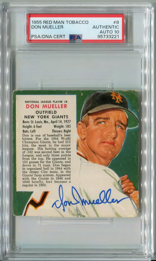 Don Mueller Signed 1955 Red Man #8 Baseball without Tab #8 PSA DNA 10 Auto - Baseball Card Single