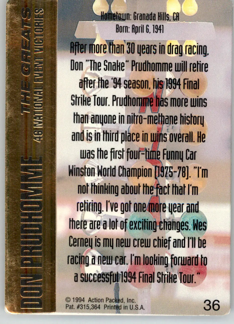 Don Prudhomme - 1994 Action Packed NHRA - #36 - Racing