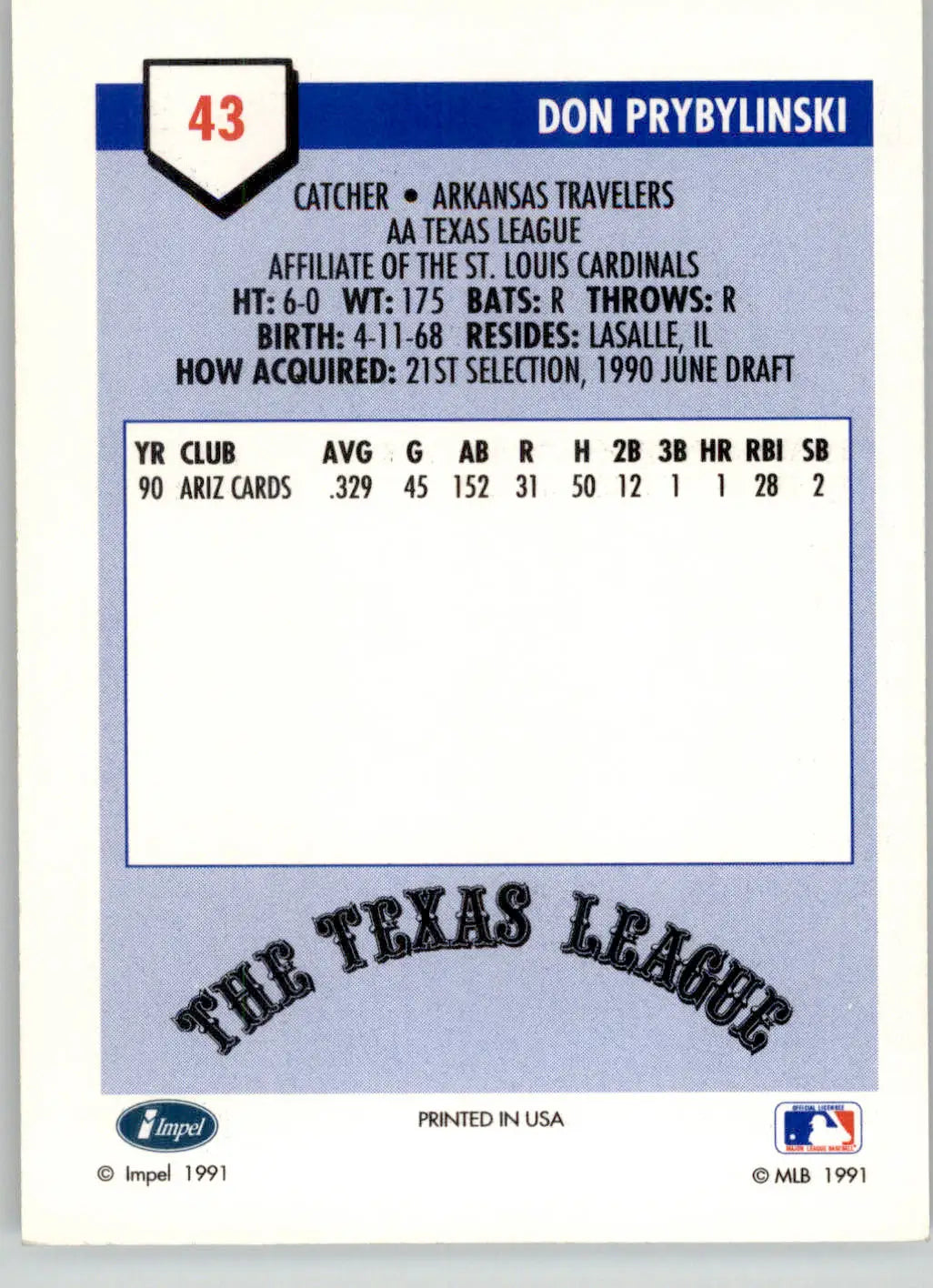 Don Prybylinski - 1991 Line Drive AA - #43 - Baseball - Baseball Card Single