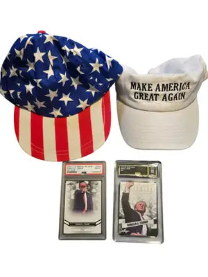 Donald J Trump Trading Cards PSA 8 Leaf OG GMA 10 + 2 MAGA Hats Bundle Set Lot - Other