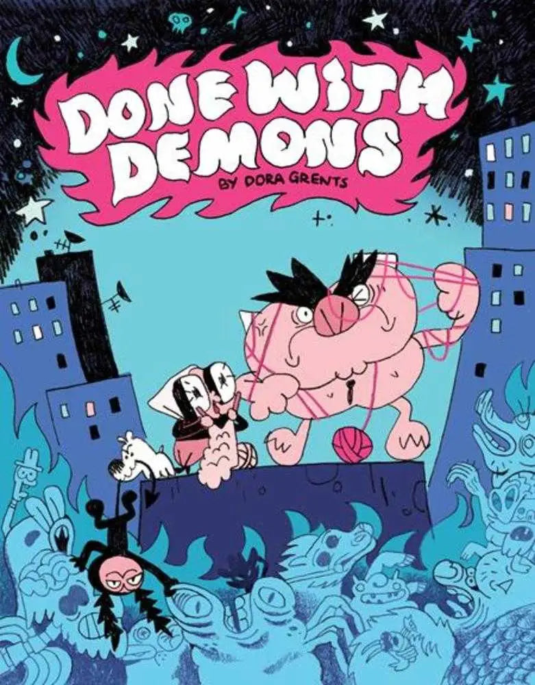 Cartoon book cover for Done With Demons Demons Graphic Novel featuring a tiny dog