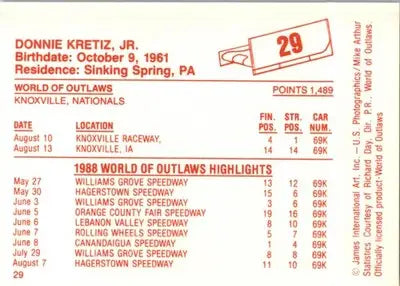 Donnie Kretiz Jr. - 1988 World of Outlaws - #29 - Racing - Racing Card Single