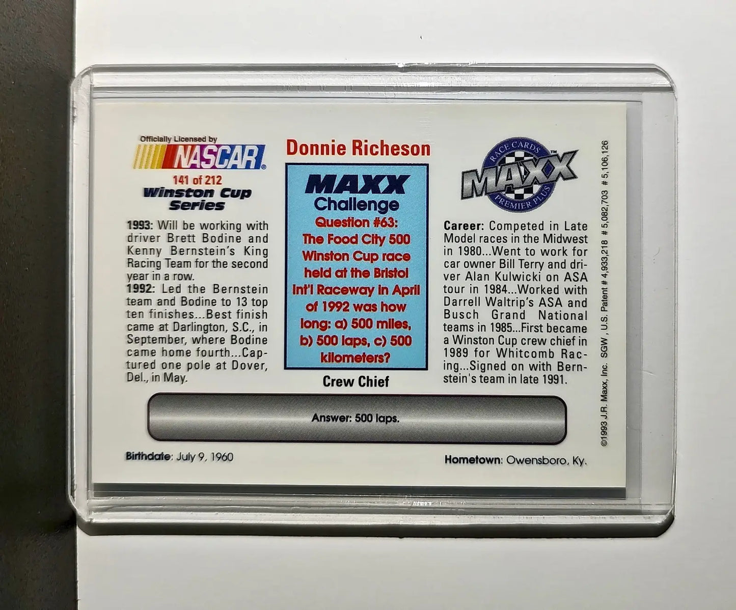 Donnie Richeson 1993 Maxx Premier Plus Racing #141 NASCAR Card King Racing - Racing Card Single