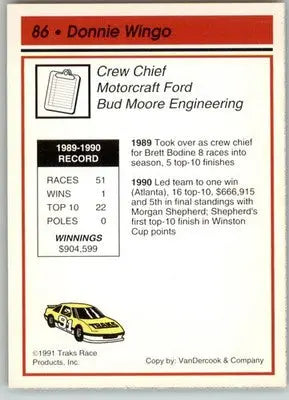 Donnie Wingo - 1991 Traks - #86 - RC Racing - Racing Card Single