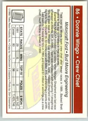 Donnie Wingo - 1992 Traks - #86 - Racing - Racing Card Single
