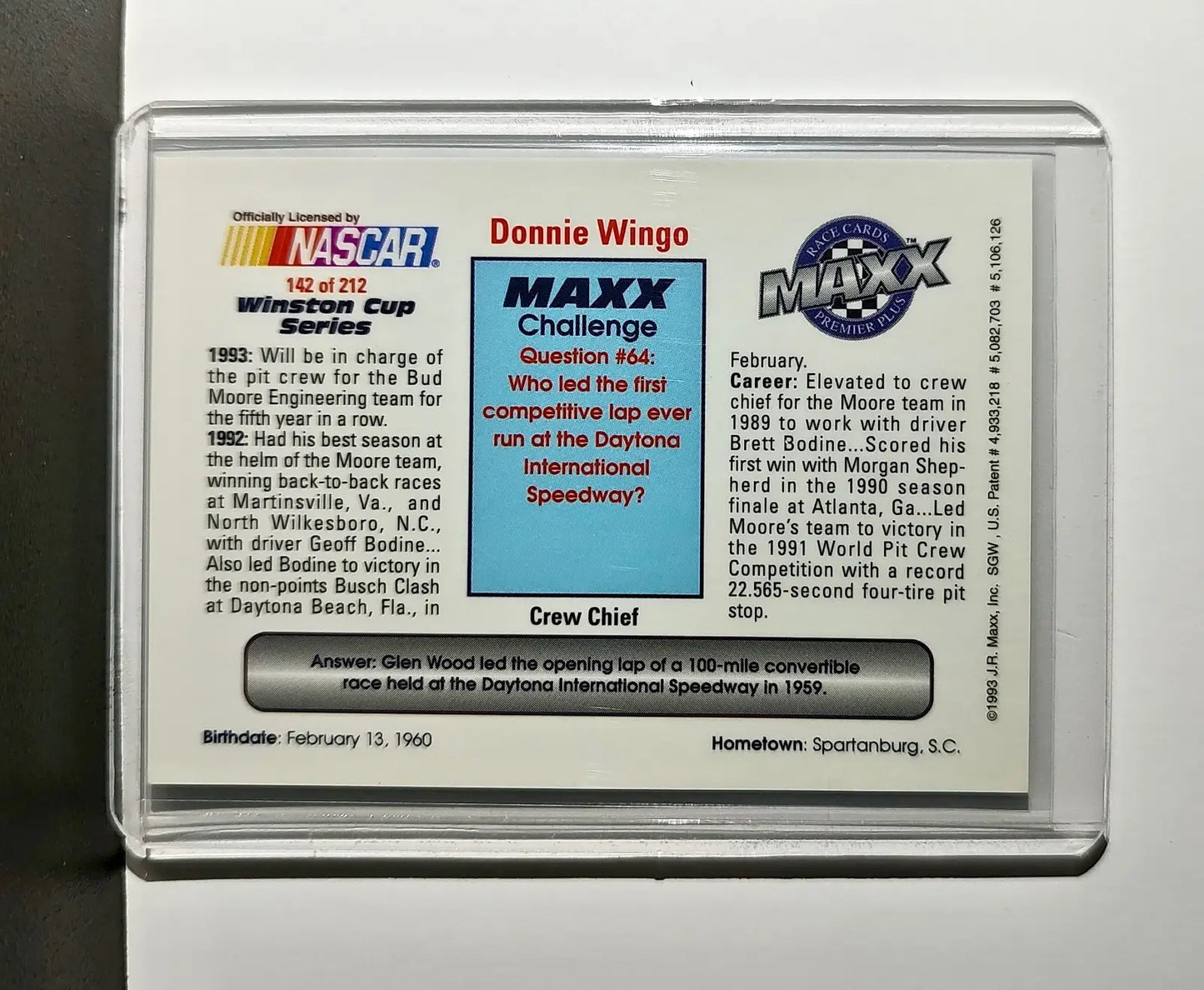 Donnie Wingo 1993 Maxx Premier Plus Racing #142 NASCAR Bud Moore Engineering