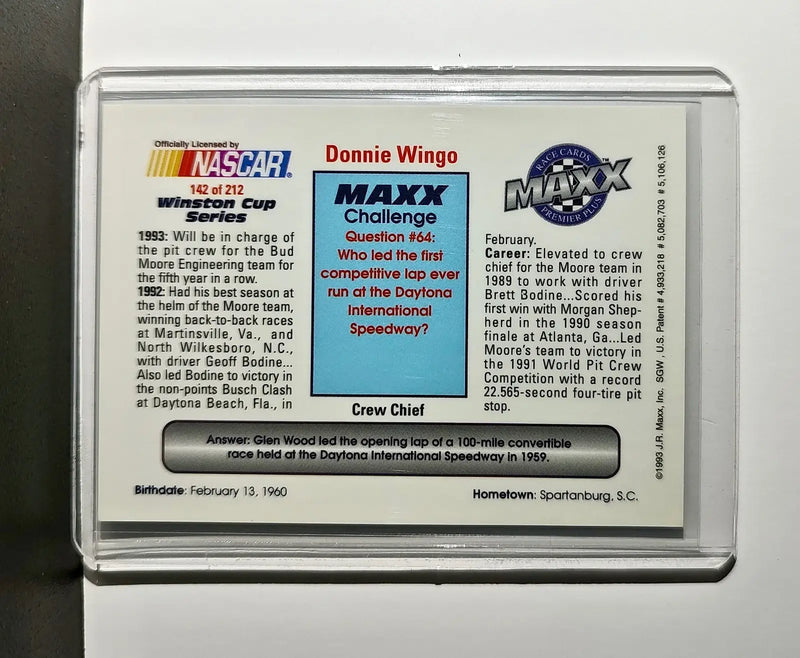 Donnie Wingo 1993 Maxx Premier Plus Racing #142 NASCAR Bud Moore Engineering