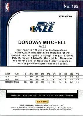 Donovan Mitchell - 2019-20 Hoops Premium Stock - #185 - Prizms Silver Basketball - Basketball Card Single