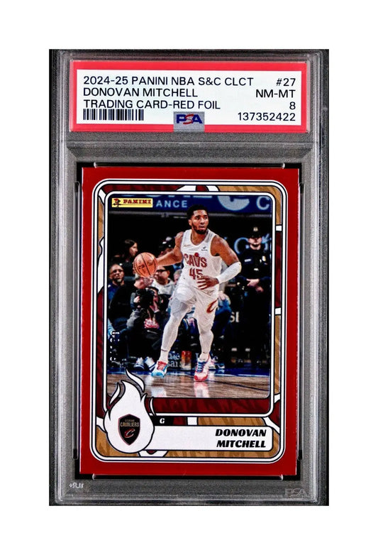 Donovan Mitchell 2024-25 Panini NBA #27 Sticker 9/100 Red Foil PSA 8 NM-MT - Basketball Card Single