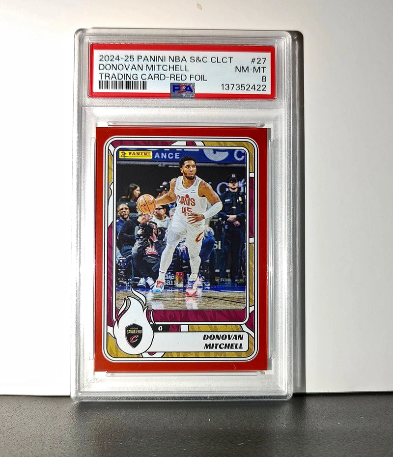 Donovan Mitchell 2024-25 Panini NBA #27 Sticker 9/100 Red Foil PSA 8 NM-MT