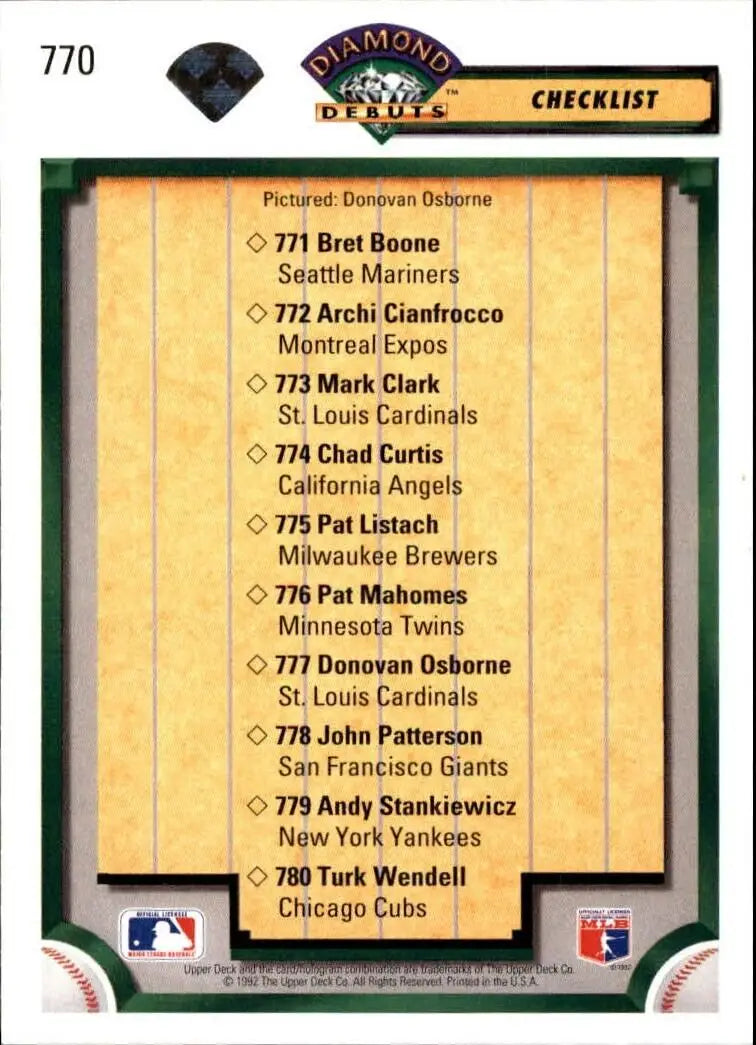 Donovan Osborne 1992 Upper Deck MLB #770 Diamond Debuts Checklist Card Cardinals - Baseball Card Single