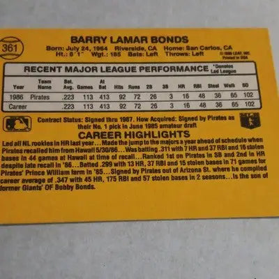 Donruss 1987 - Barry Bonds Pittsburgh Pirates #361. MLB. NRMT+ - Baseball Card Single