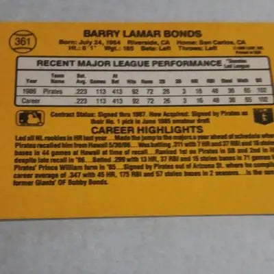 Donruss 1987 - Barry Bonds Pittsburgh Pirates #361. MLB. NRMT+ - Baseball Card Single
