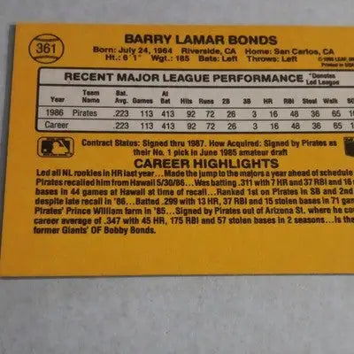 Donruss 1987 - Barry Bonds Pittsburgh Pirates #361. MLB. NRMT+ - Baseball Card Single