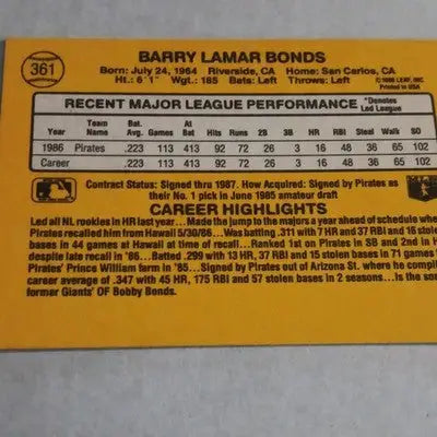 Donruss 1987 - Barry Bonds Pittsburgh Pirates #361. MLB. NRMT+ - Baseball Card Single