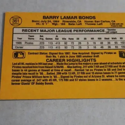 Donruss 1987 - Barry Bonds Pittsburgh Pirates #361. MLB. NRMT+ - Baseball Card Single